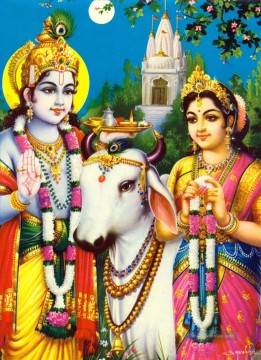 Radha Krishna und Schaf Hindu Ölgemälde